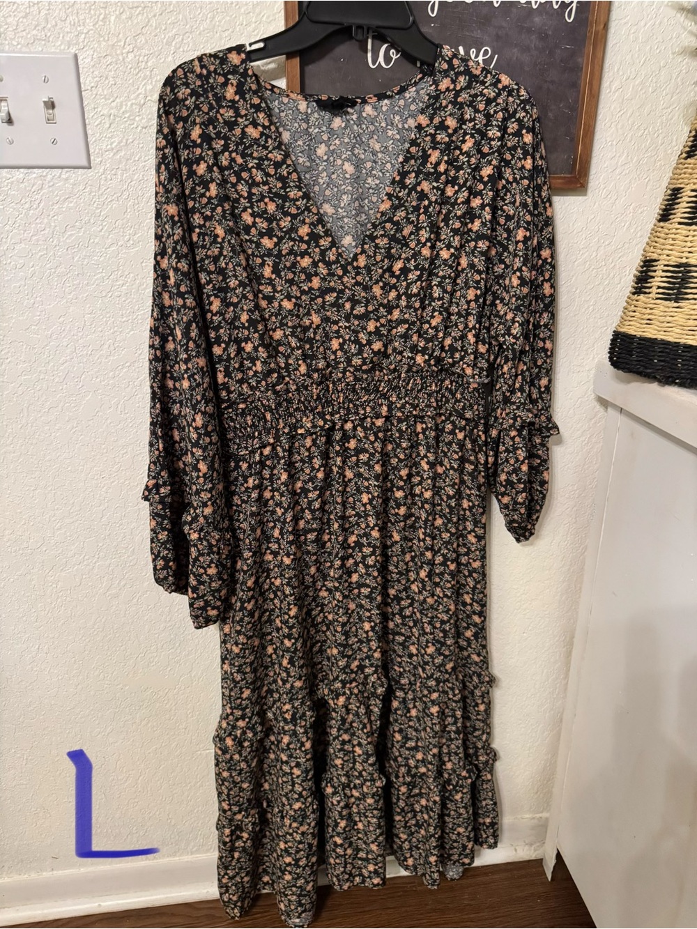 Floral Smocked Waist Maxi Dress - Black with Peach Floral